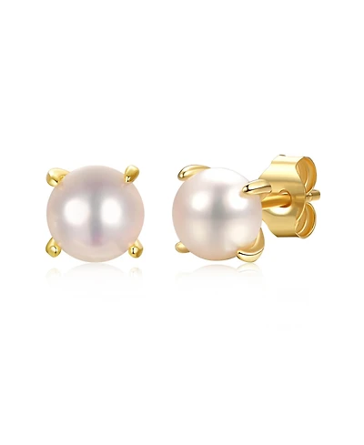 14k Gold Plated with Round White Genuine Pearl Solitaire Stud Earrings Sterling Silver