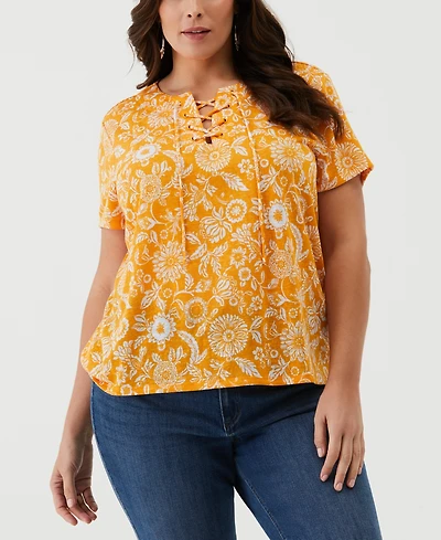 Ella Rafaella Plus Paisley Print Lace-Up Short Sleeve Tee Shirt
