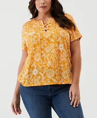 Ella Rafaella Plus Paisley Print Lace-Up Short Sleeve Tee Shirt