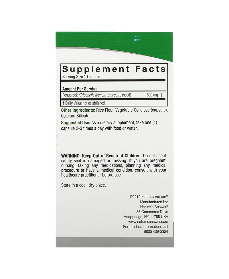 Nature's Answer Fenugreek 600 mg - 90 Vegetarian Capsules