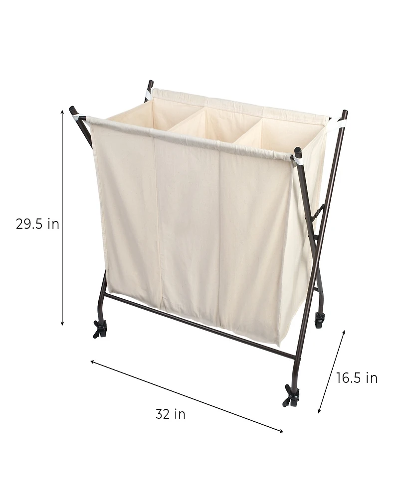 Smart Design Premium 3 Compartment Rolling Canvas Laundry Sorter Hamper with Wheels and Handles