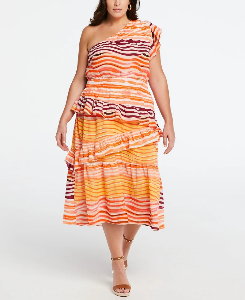 Ella Rafaella Plus Cotton One Shoulder Ruffle Midi Dress