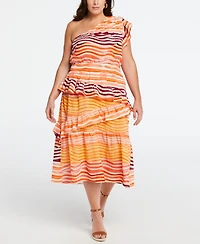 Ella Rafaella Plus Cotton One Shoulder Ruffle Midi Dress