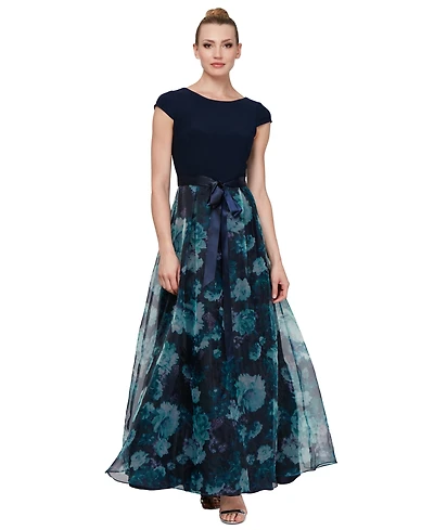 Sl Fashions Petite Floral-Organza Satin-Bow Gown
