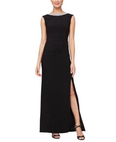 Alex Evenings Womens Embellished Neck Side Slit Gown