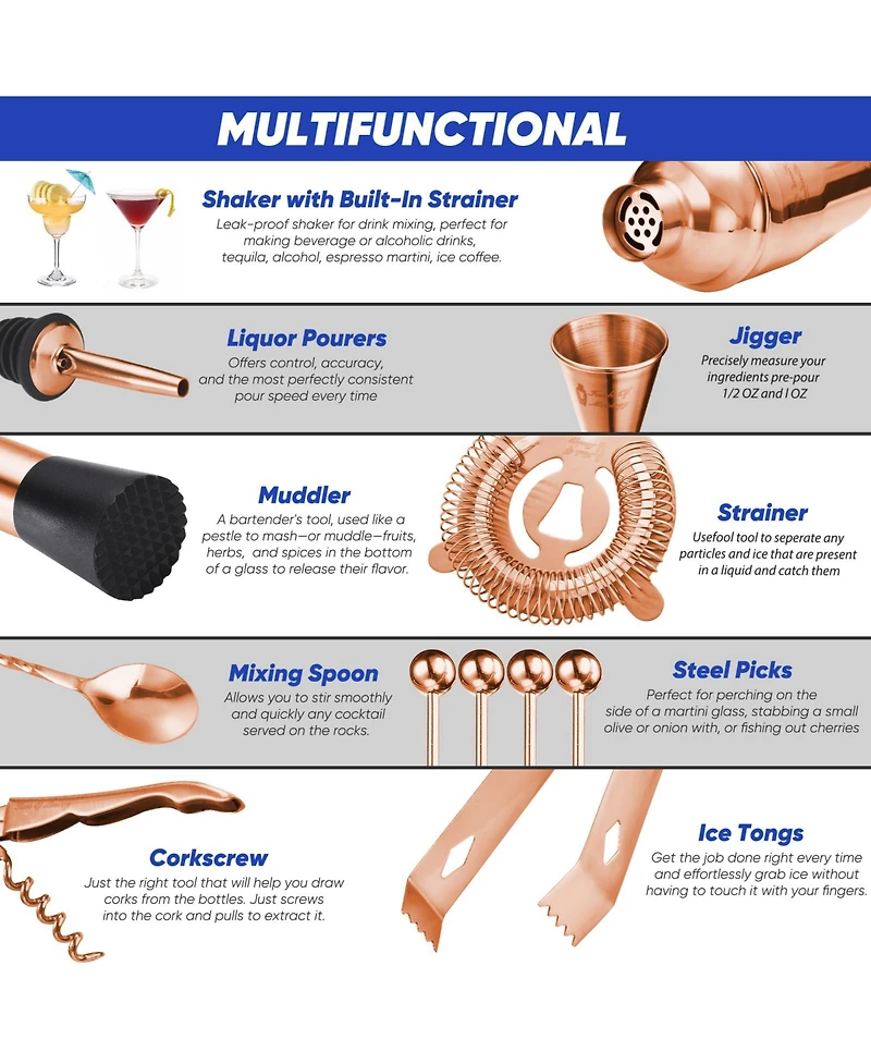 Touch of Mixology Premium 14 Piece Stainless Steel Bartender Kit with Bamboo Stand (Rose Gold)