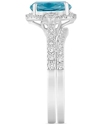 Swiss Blue Topaz (2-1/8 ct. t.w.) & Diamond (1/2 Halo Bridal Set 14k White Gold
