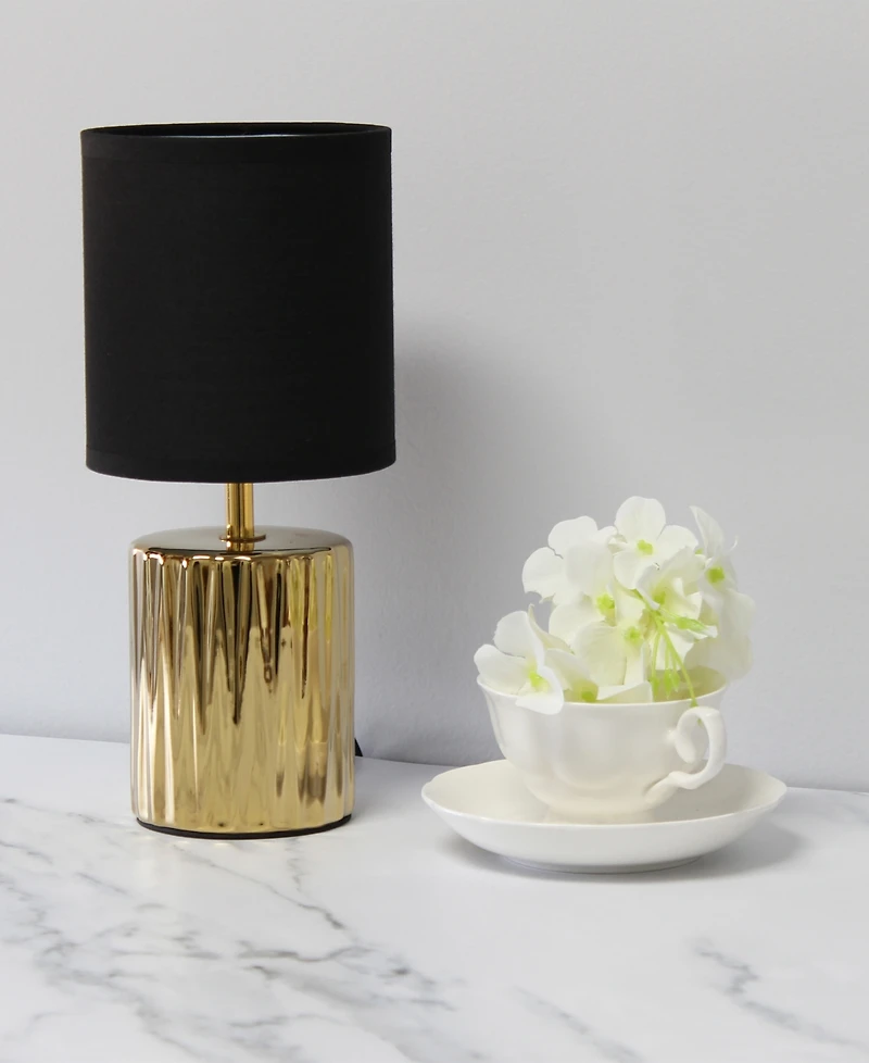 Simple Designs 11.61" Tall Contemporary Ruffled Metallic Gold Capsule Bedside Table Desk Lamp with Black Drum Fabric Shade