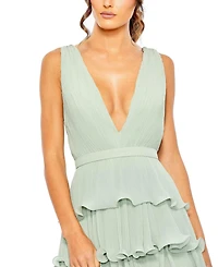 Mac Duggal Women's Sleeveless Ruffle Tiered V Neck Gown