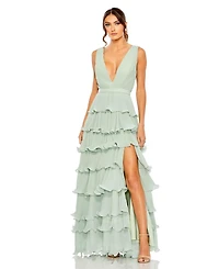 Mac Duggal Women's Sleeveless Ruffle Tiered V Neck Gown