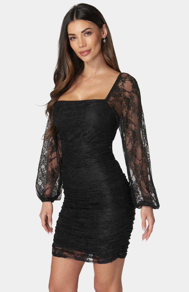 Bebe Women's Lace Square Neck Ruch Dress