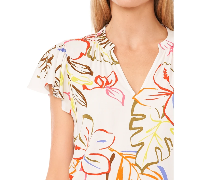 CeCe Women's Tropical-Print V-Neck Flutter Short-Sleeve Blouse