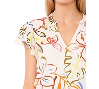 CeCe Women's Tropical-Print V-Neck Flutter Short-Sleeve Blouse