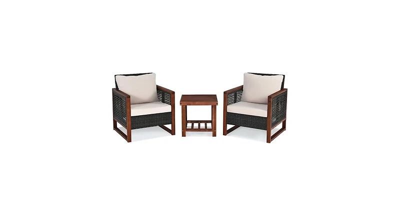Slickblue 3 Pieces Patio Wicker Furniture Set with Washable Cushion and Acacia Wood Coffee Table