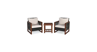 Slickblue 3 Pieces Patio Wicker Furniture Set with Washable Cushion and Acacia Wood Coffee Table