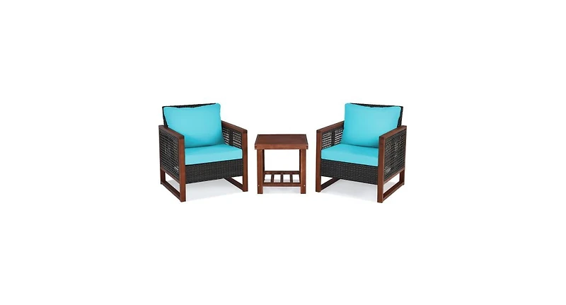 Slickblue 3 Pieces Patio Wicker Furniture Set with Washable Cushion and Acacia Wood Coffee Table