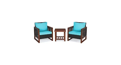 Slickblue 3 Pieces Patio Wicker Furniture Set with Washable Cushion and Acacia Wood Coffee Table