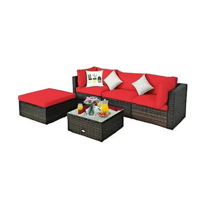 Slickblue 5 Pieces Outdoor Patio Rattan Furniture Set With Cushions-Red