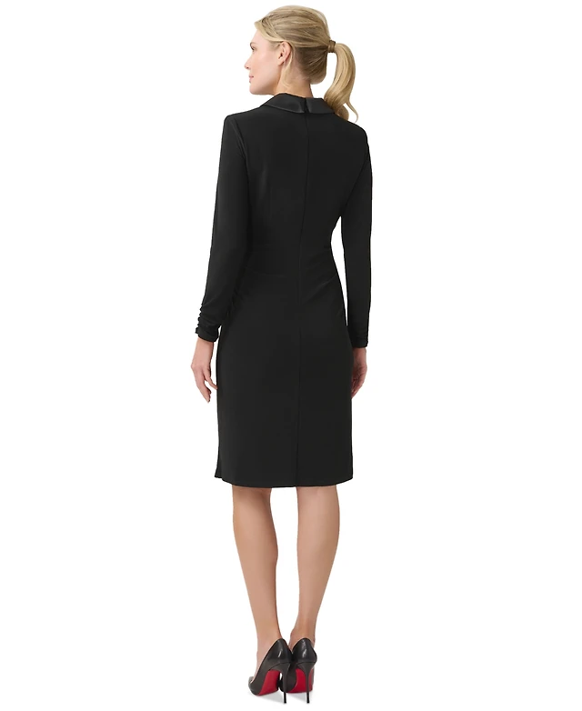 adrianna papell jersey and satin tuxedo sheath dress Stretch Crepe Faux Wrap with Shawl Collar Black 2 at Amazon Women's Clothing store eye zip closure Tuxedo Dress Adrianna Papell Short