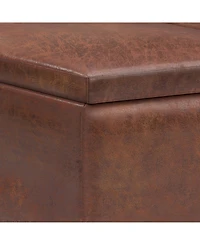Simpli Home Owen Tray Top Small Coffee Table Storage Ottoman in Distressed Saddle Brown Pu Leather