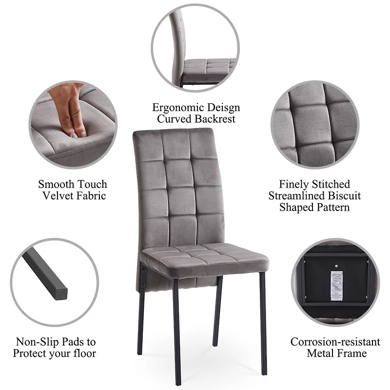 Streamdale Furniture Grey Velvet High Back Nordic Dining Chair Modern Fabric Chair with Black Legs, Set Of 4