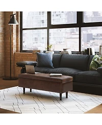 Simpli Home Shay Mid Century Rectangular Storage Ottoman in Distressed Chestnut Brown Pu Leather