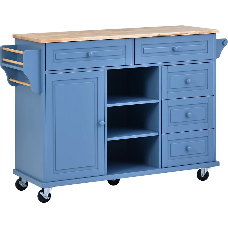 Streamdale Blue Rolling Kitchen Island with Rubberwood Top - 53