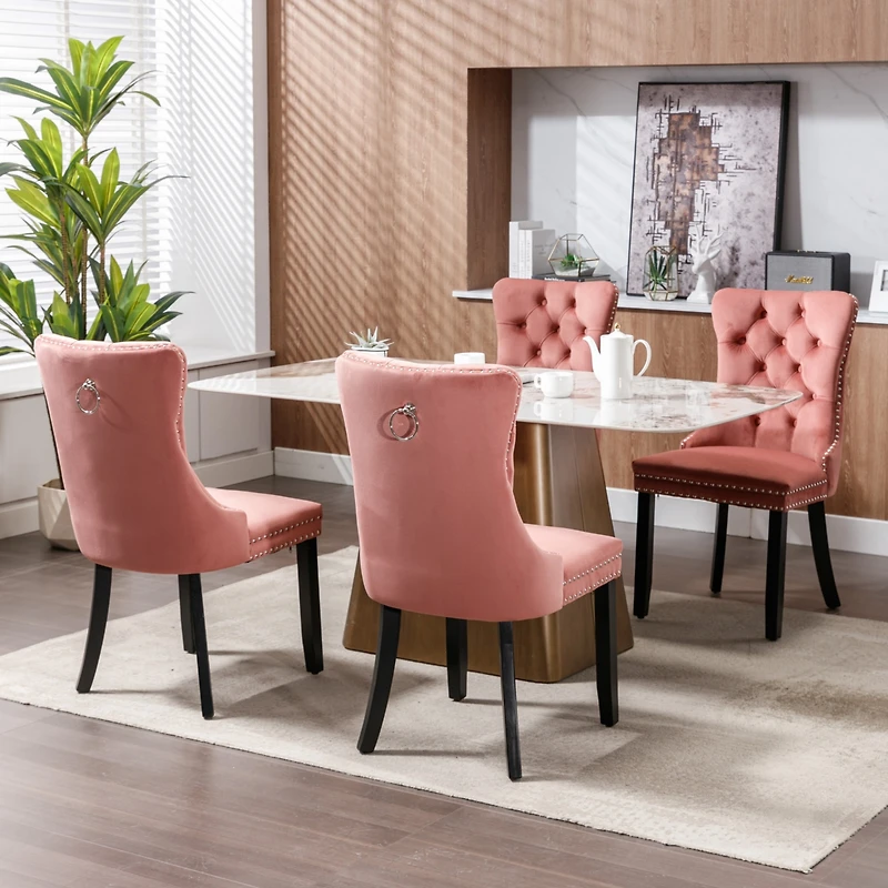 Nikki Collection Modern, High-end Tufted Solid Wood Contemporary Velvet Upholstered Dining Chair with Wood Legs Nailhead Trim 2-Pcs Set, Pink