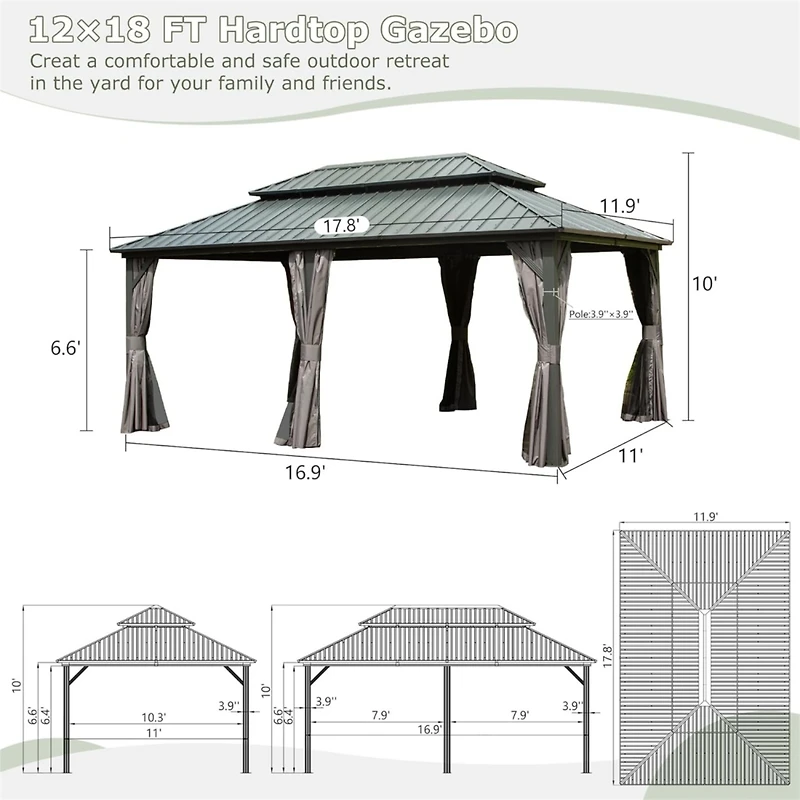 12' X 18' Hardtop Gazebo, Aluminum Metal Gazebo