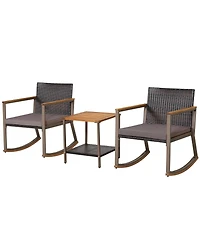 Slickblue 3 Pieces Rattan Rocking Bistro Set with Coffee Table and Cushions
