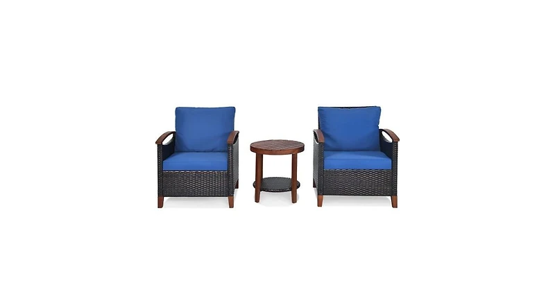 Slickblue 3 Pieces Patio Rattan Furniture Set with Washable Cushion and Acacia Wood Tabletop