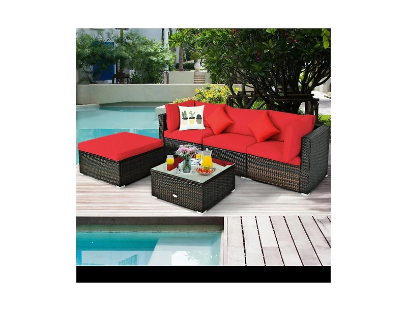 Slickblue 5 Pieces Outdoor Patio Rattan Furniture Set Sectional Conversation with Cushions