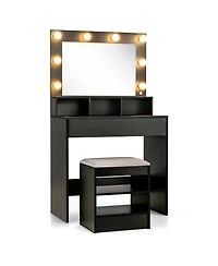 Slickblue Vanity Table Set with Lighted Mirror and Cushion Stool-Black
