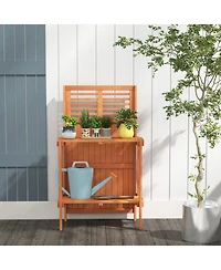 Slickblue Folding Garden Potting Bench with 2-tier Storage Shelves and Teak Oil Finish for Garden Yard Balcony