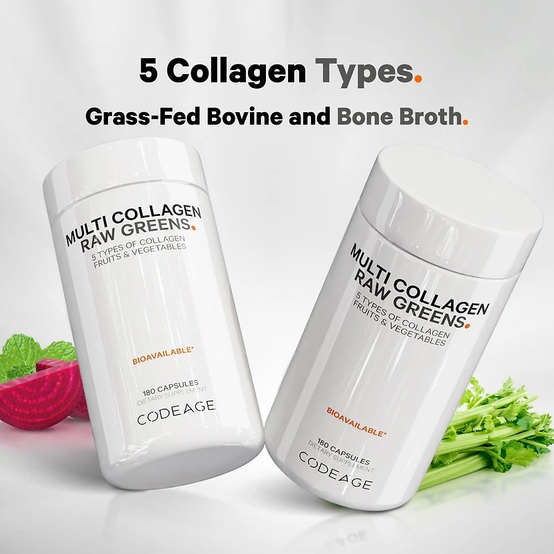 Codeage Multi Collagen Protein + Organic Raw Greens Superfood Capsules Supplement, 21 Fruits & Veggies, Grass-Fed Hydrolyzed Collagen Peptides, 5 Type