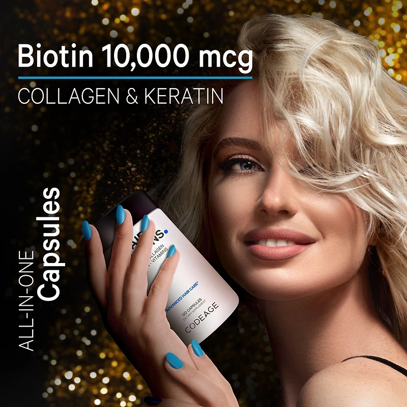 Codeage Hair Vitamins 10000 mcg Biotin, Keratin, Collagen, Vitamin A, B12, C, D3, E, Zinc, Turmeric, Probiotics, Enzymes, Inositol