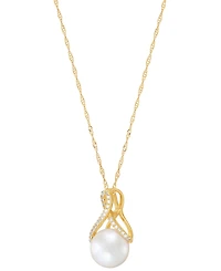 Honora Cultured Freshwater Pearl (8mm) & Diamond (1/10 ct. t.w.) Ribbon 18" Pendant Necklace in 14k Gold