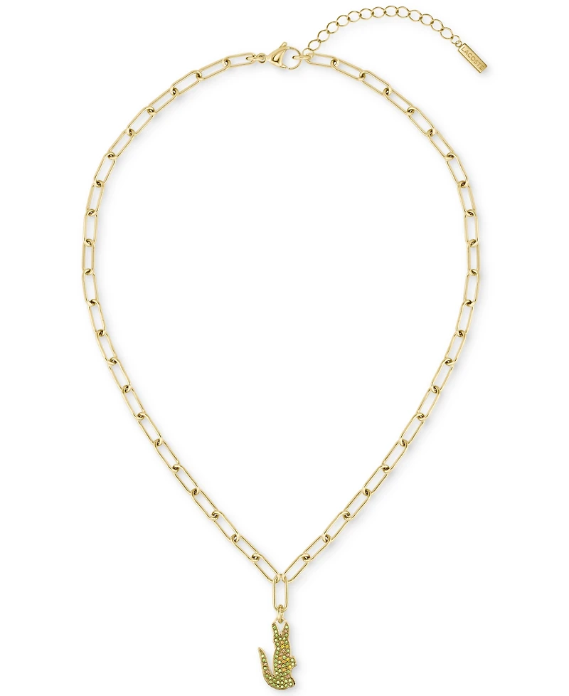 Lacoste Gold-Tone Stainless Steel Pave Crocodile Pendant Necklace, 17" + 2" extender