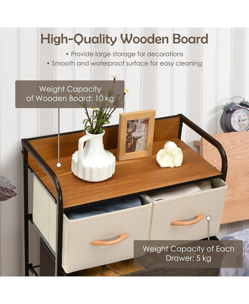 Sugift 4-Tier Organizer Tower Steel Frame Wooden Top Storage with 5-Drawer Dresser