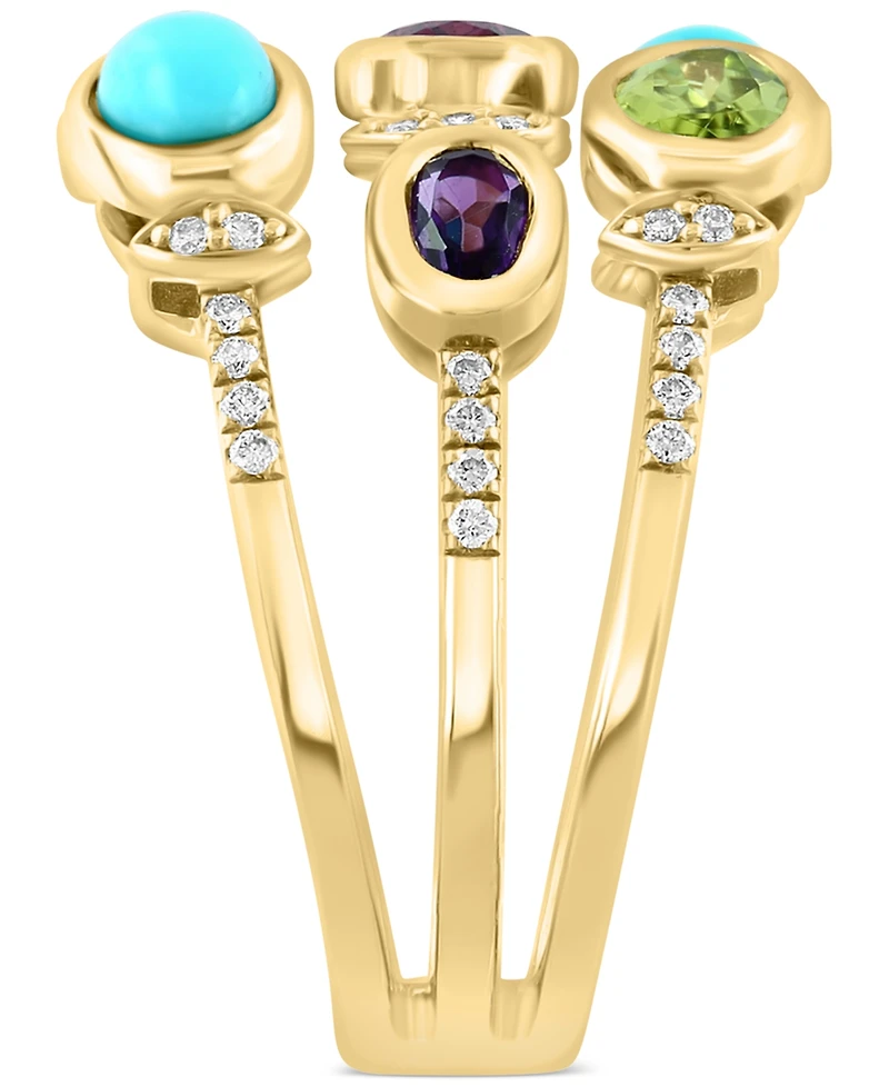 Effy Multi-Gemstone (1-5/8 ct. t.w.), Turquoise, & Diamond (1/5 ct. t.w.) Triple Row Statement Ring in 14k Gold