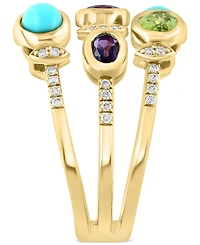 Effy Multi-Gemstone (1-5/8 ct. t.w.), Turquoise, & Diamond (1/5 ct. t.w.) Triple Row Statement Ring in 14k Gold