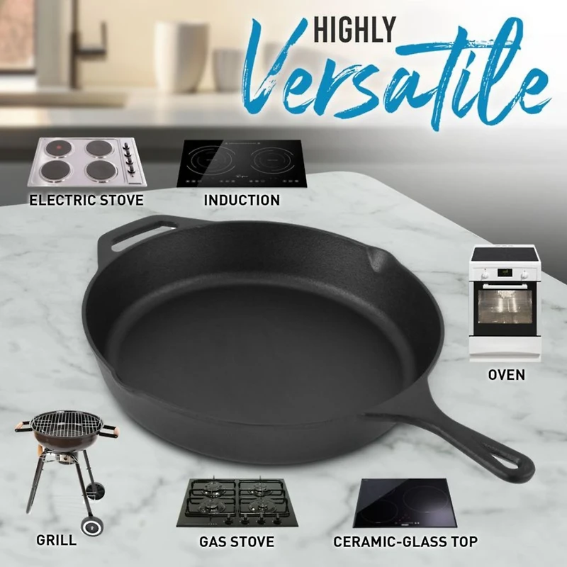 Heavy Duty Pre-Seasoned 12 Inch Iron Cast Skillet for Indoor & Outdoor Cooking - Grill, Stovetop, Induction, Oven & Campfire Safe