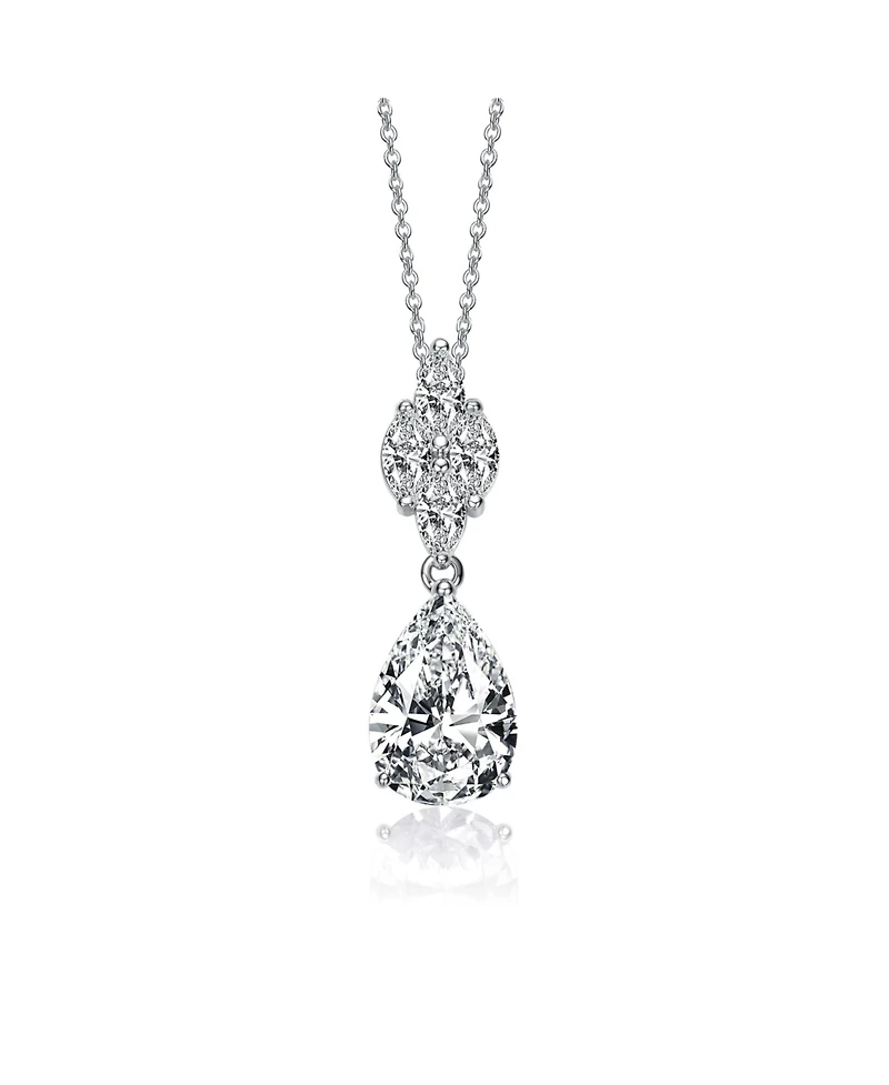 Sterling Silver with White Gold Plated Clear Pear with Marquise Cubic Zirconia Cluster Accent Drop Necklace