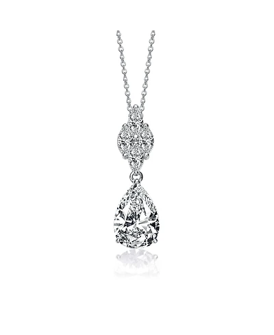Sterling Silver with White Gold Plated Clear Pear with Marquise Cubic Zirconia Cluster Accent Drop Necklace
