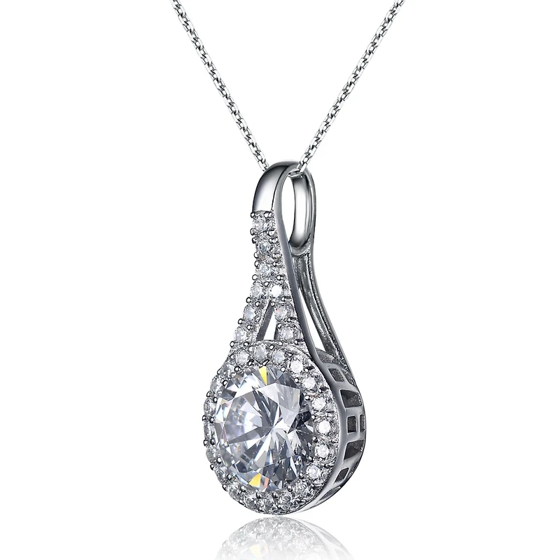 Sterling Silver with Haloed Clear Round Cubic Zirconia Solitaire with a Split Bail Necklace