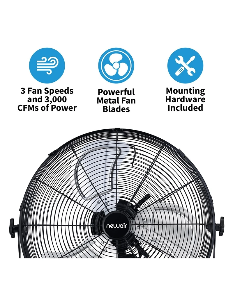 Newair 20" High Velocity Wall Mount Fan, Heavy Duty Waterproof Outdoor Fan, Adjustable Tilt and 3 Speeds up to 4650 Cfm, Pull Chain Switch | Wall