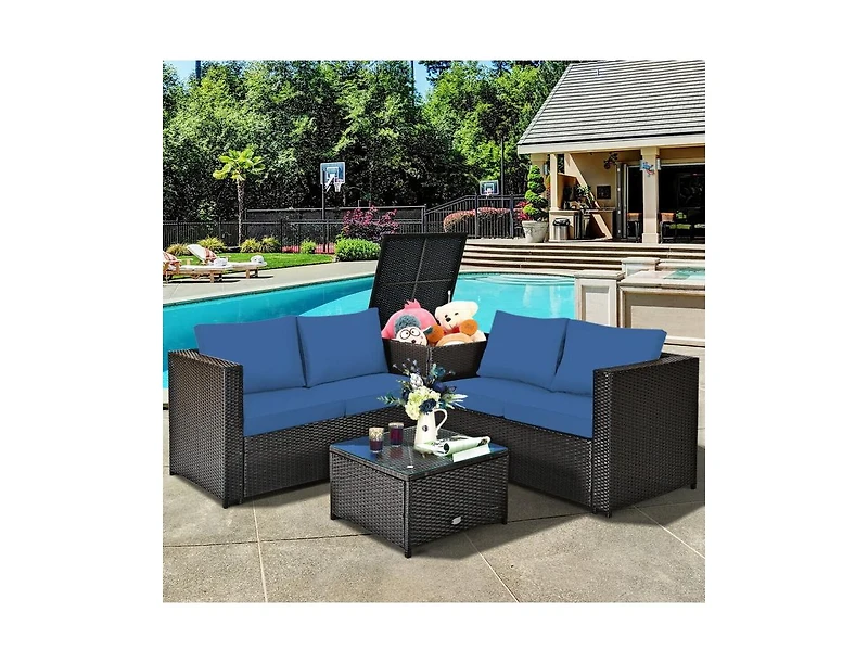 Slickblue 4 Pieces Outdoor Patio Rattan Furniture Set with Loveseat and Storage Box