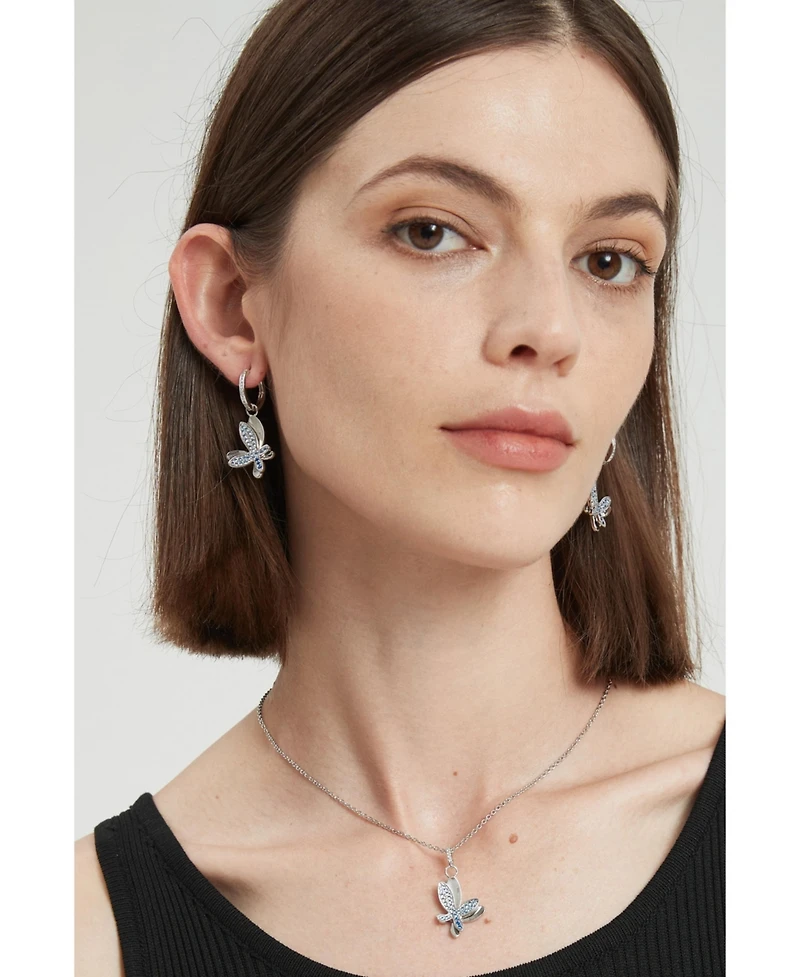 Pave Butterfly Dangle Drop Hoop Earrings