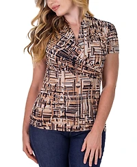 24seven Comfort Apparel Print Short Sleeve V Neck Wrap Top
