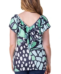 24seven Comfort Apparel Cap Sleeve Print Ruffle V Neck Top
